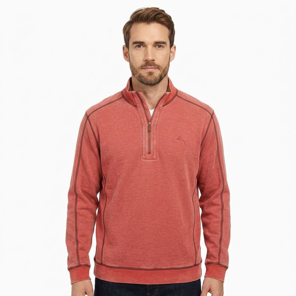 Tommy Bahama 1/4 Zip Pullover Sweater – Men’s Large, Gray/Rust, Reversible